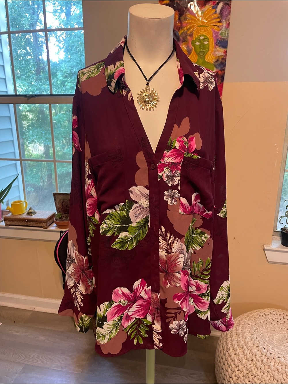 Express Burgundy Floral Button-Front Blouse